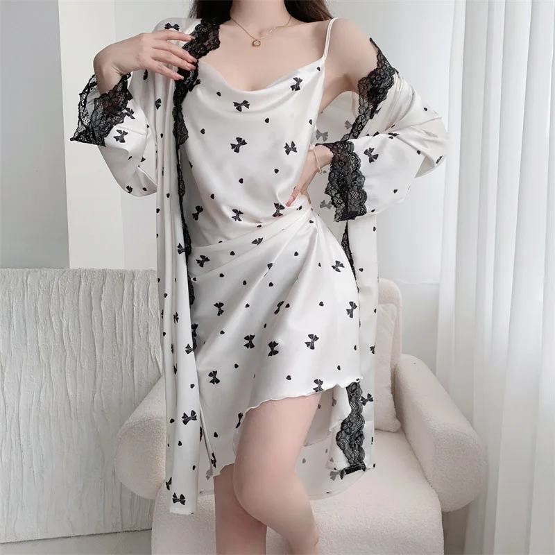 

Print Nighty&robe Set Sleepwear Sexy Lace Trim Kimono Bathrobe Gown Suit Rayon Loungewear 2Pcs Homewear Swing Collar Cmai Dress