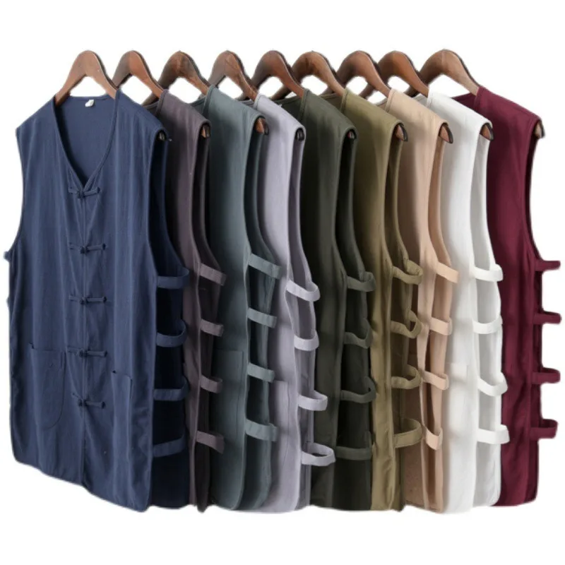 Жилет мужской из хлопка и льна рубашка большого размера в китайском стиле ретро