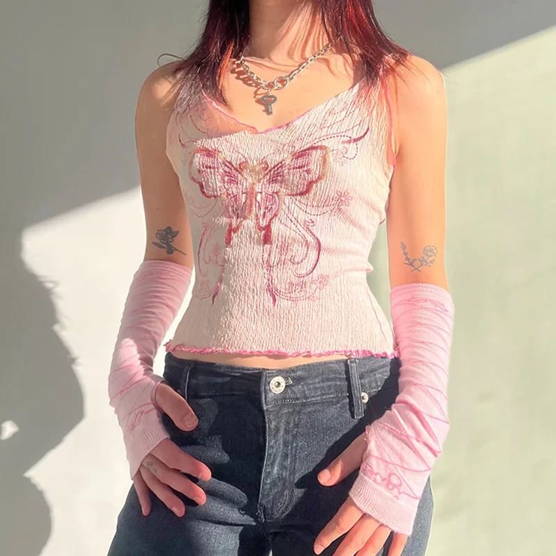 

Summer New Fashion Slim Hot Girl Lace-up Stringy Selvedge Print Butterfly Female Camis Women's Strap Tank Top Crop Pink S M L