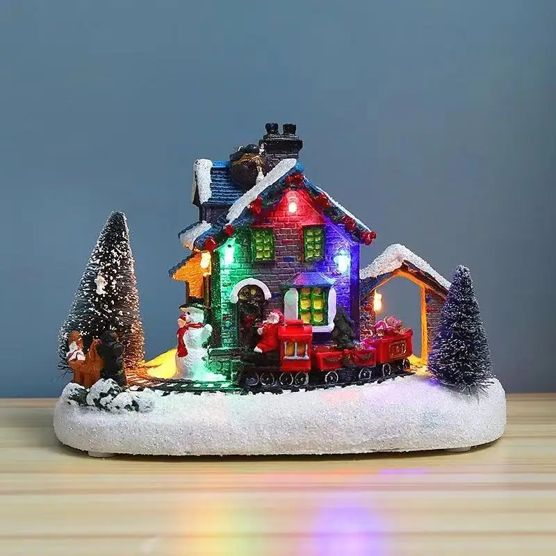 

Christmas Decorations Colorful Luminous Small House Small Train Snow House Resin Crafts Xmas Ornaments New Year Home Decor