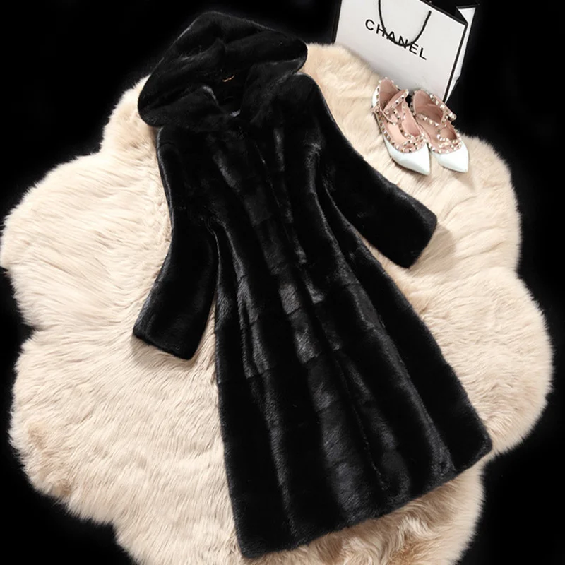 ICCLEK 2020 imitation mink coat women's autumn winter hooded long coat women's long sleeved imitation fur cut groove striped top