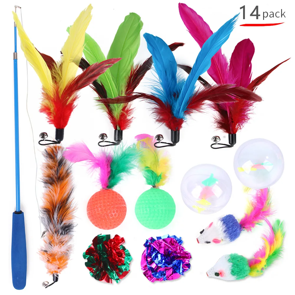 

14Pcs Retractable Kitten Toy Cat Feather Ball Wand Teaser Rod Replacement Teaser With Bell Refills Cat Toy For Indoor Cats