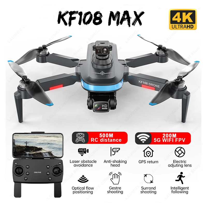 

Автомобильный Дрон KF108MAX с бесщеточным GPS, лазерным облучением препятствий на 360 °, противоударный, 4K HD, двойная камера, оптический поток, дроны