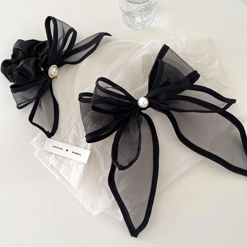 

Fairy Black Organza Pearl Hair Bow Bands Romantic Mesh Bowknot Hair Scrunchies Elegant Stretch Hair Ties Ponytail Holder Rope