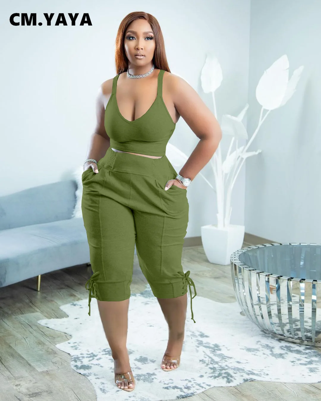 

Женский элегантный тренировочный костюм CM.YAYA, комплект из двух предметов, спортивный костюм, лето 2022, комплект из майки и брюк до середины ик...