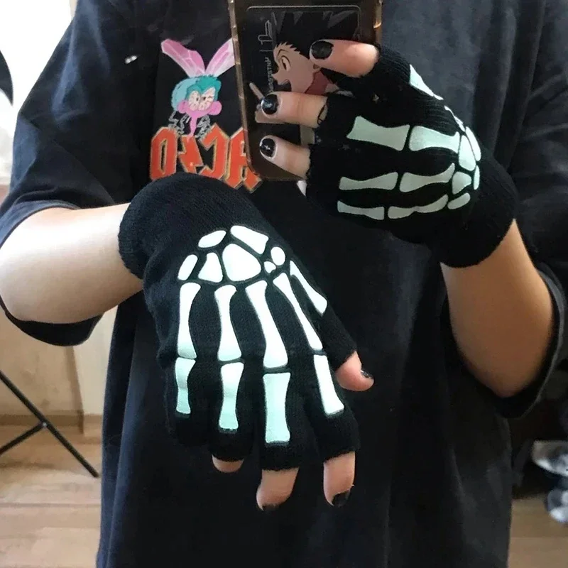

Skull Punk Gloves Neutral Half Finger Ghost Claw Knitted Gloves Exposed Finger Spot Nightlight Fingerless Elastic Gloves Goth