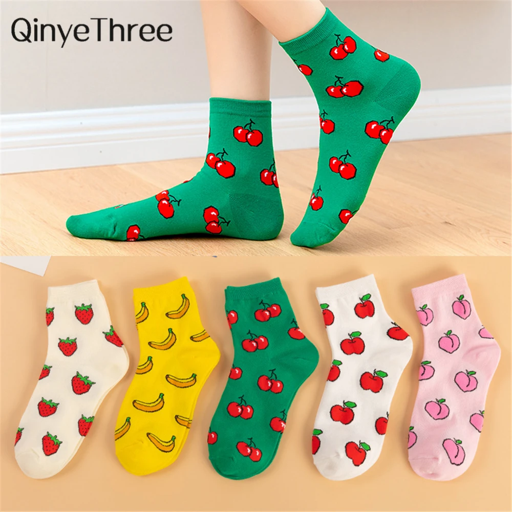 Creative Funny Cotton Women Socks Happy Fruit Peach Strawberry Banana Cherry Apple Socks Cute Bright Socks Hipster Dropship