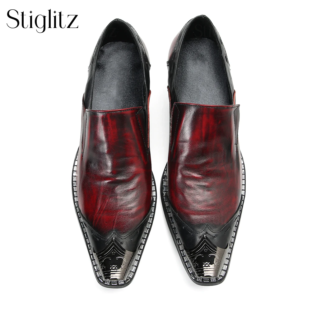 Бордовые черные кожаные туфли с металлическими носками. Новинка без шнуровки в