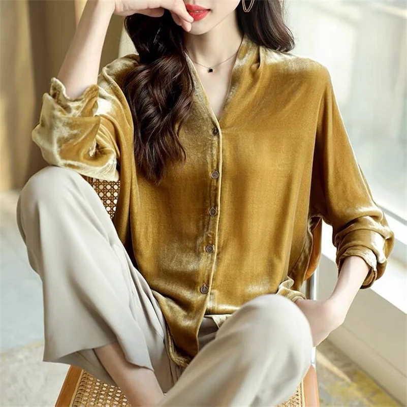 

2022 New Women Shirt Elegant Office Button Up Velvet Blouse Long Sleeve V-Neck Shirts Solid Blouses Ladies Tops Autumn Winter