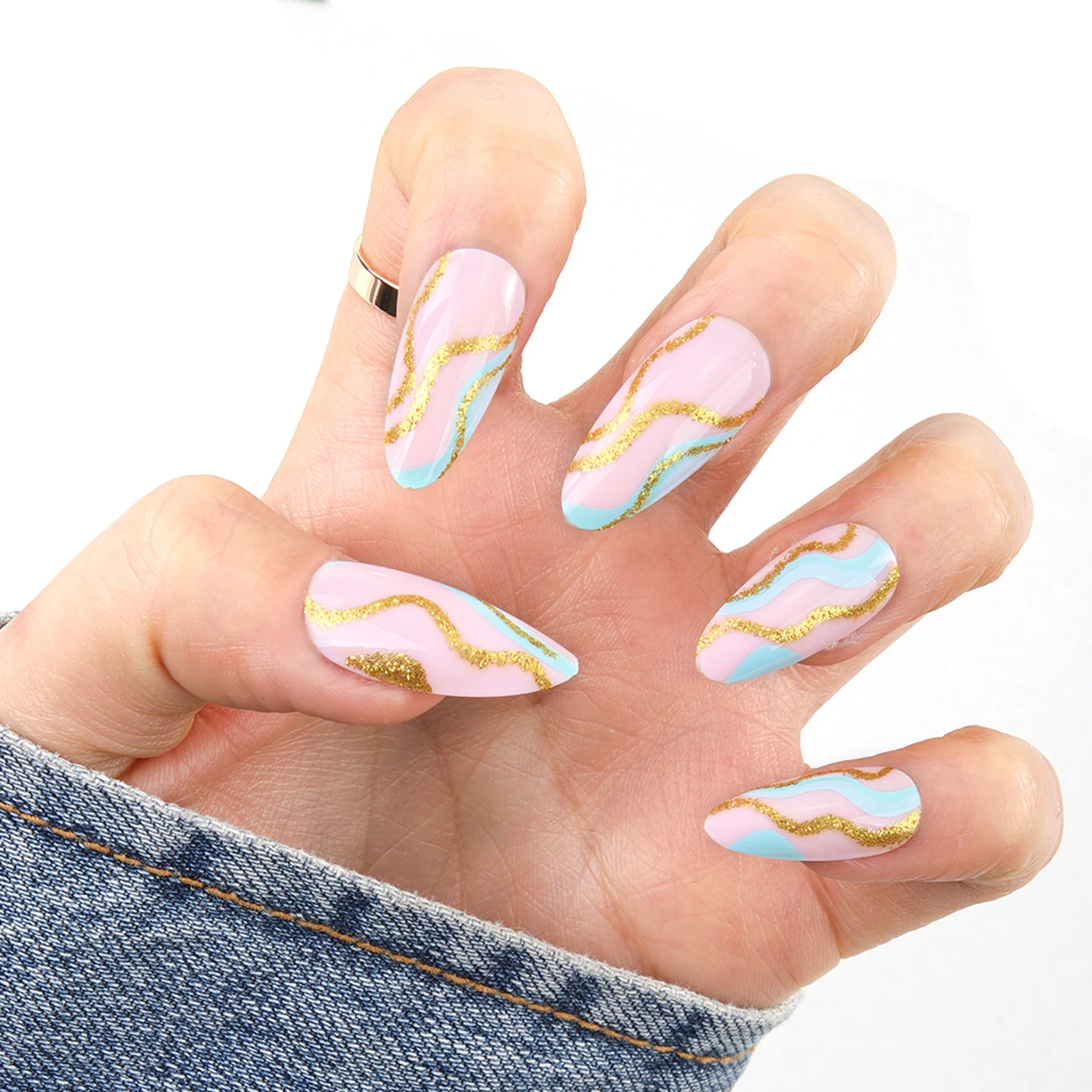 

24PCS Colorful Lines False Nails Long Flat Head Ballerina Nails Sweet Style Wearable Finished Nail Piece With Jelly Nail Sticker