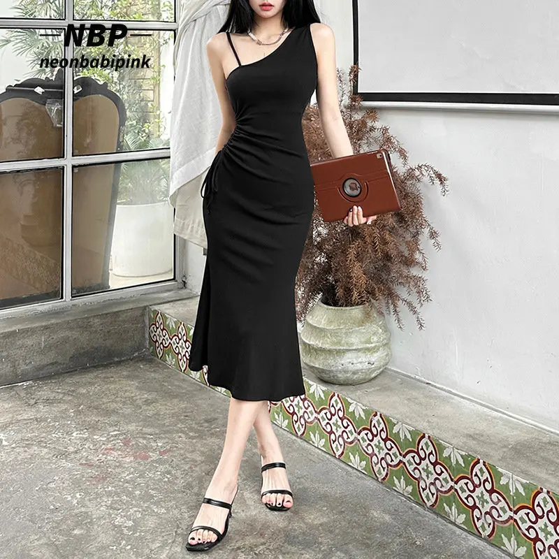 

Асимметричное платье NEONBABIPINK с завязками и расклешенным подолом, длинные черные элегантные сексуальные женские летние платья 2023