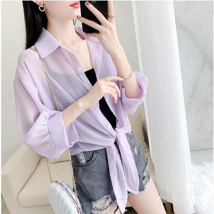 

Women 2022 Summer Solid Thin Basic Breathable Tops Female Sunscreen Loose Single Breasted Blouse Lady Casual Chiffon Shirts H01