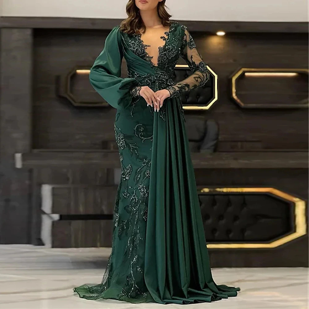 

Dark Green Evening Dresses Women's Sexy V-Neck Long Sleeve Mermaid Lace Applique Luxury Princess Prom Gowns Women Formal Party 2