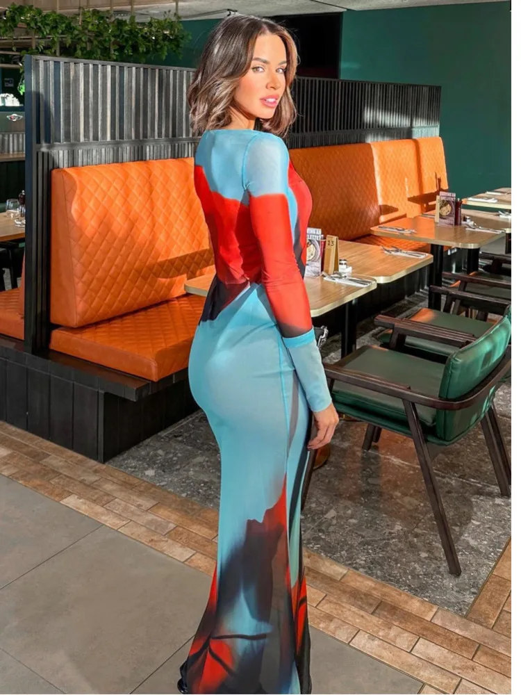 

Articat Sexy Mesh Print Sheer High Slit Women's Dress Sheer Slim Long Sleeve Female Dress Party Street Dress 2023 New