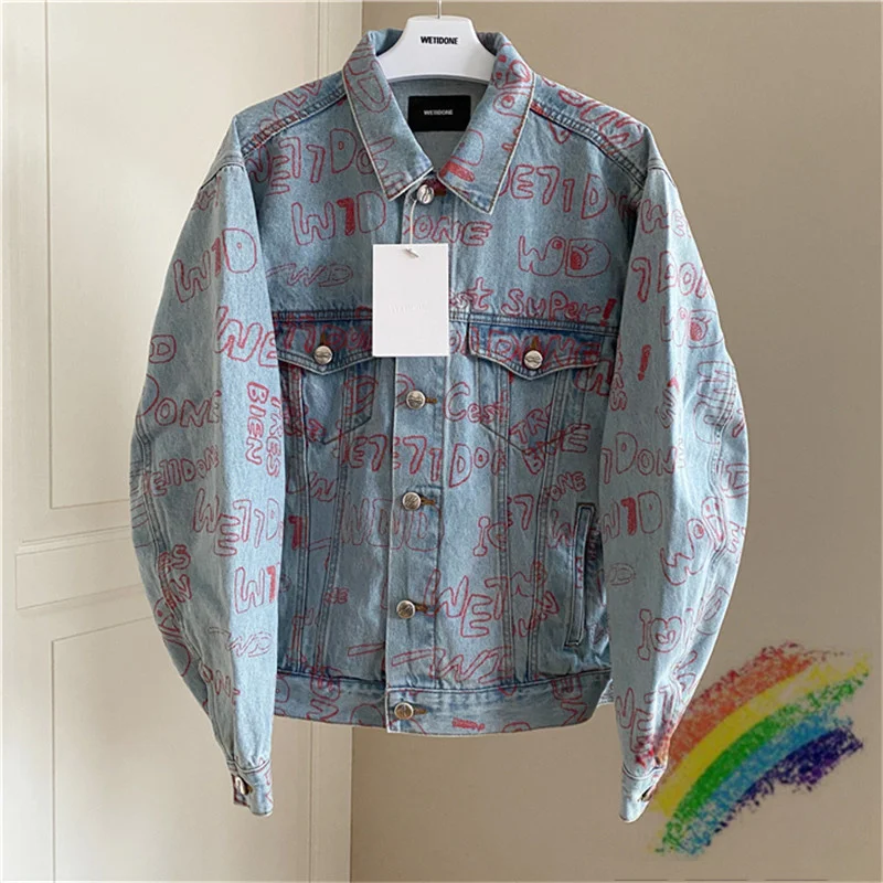 

WE11DONE Skinny Slim Denim Jacket Men Women 1:1 High Quality Full Print Graffiti Letter Welldone Cowboy Men's Jean Jacket