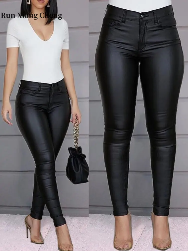 2022 Autumn and Winter New Explosions Solid Color Leather Pants Casual Sexy Pencil Pants Y2k Pants Streetwear Clothing Female