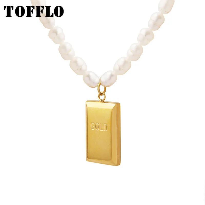 

TOFFLO Stainless Steel Jewelry Geometric Small Square Gold Brick Pendant Chain Freshwater Pearl Necklace BSP1292