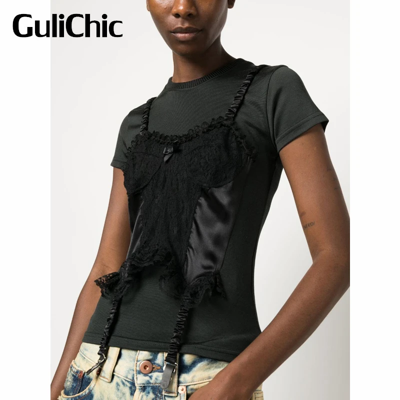 

7.13 GuliChic Women Street Lace Spaghetti Strap Patchwork Fake Two Piece Short Sleeve Slim Cotton T-Shirt