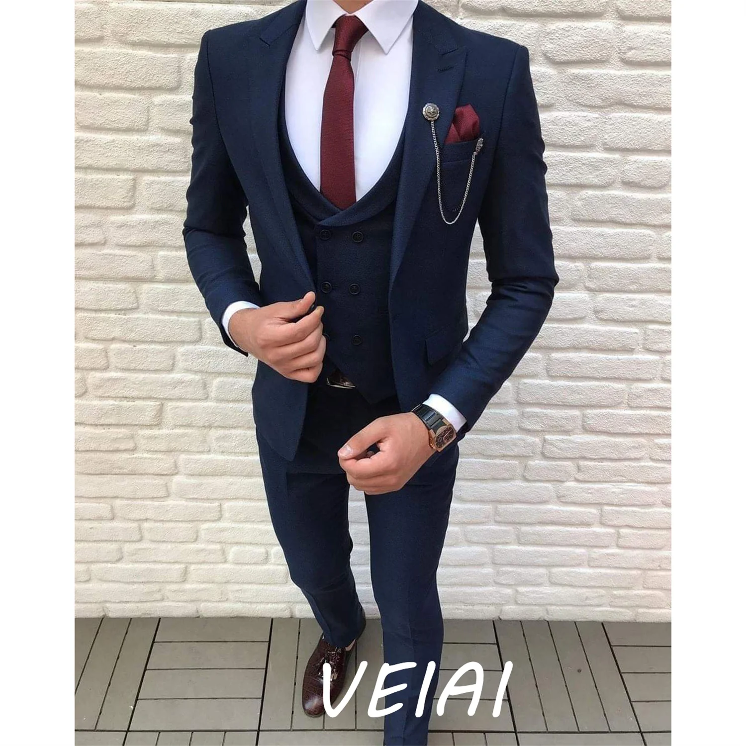 

Индивидуальный костюм темно-синего цвета с лацканами на одной пуговице, мужской облегающий костюм для жениха, деловой костюм из 3 предметов, блейзер