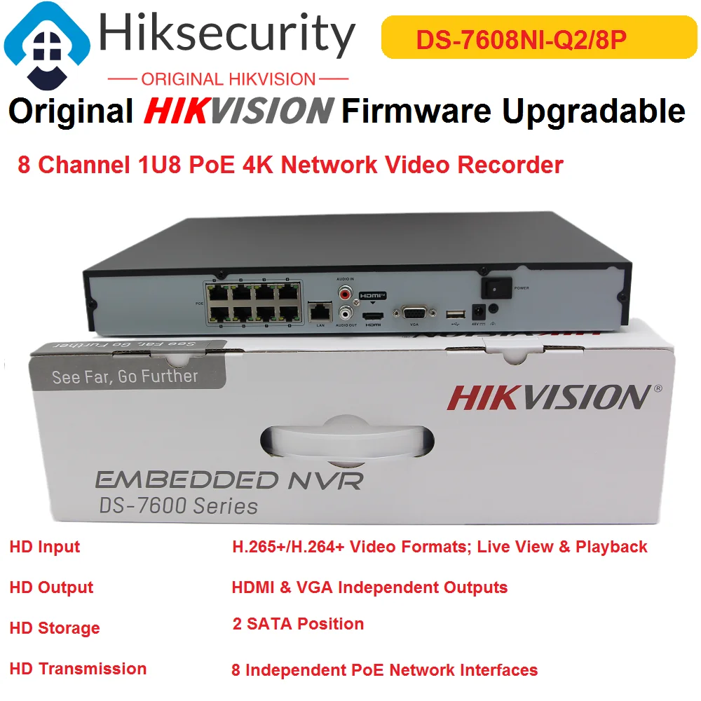 

Сетевой видеорегистратор Hikvision Onvif 8-ch 4K DS-7608NI-Q2/8 P 1U 8 PoE 8MP, поддержка сторонвечерние IP-камер