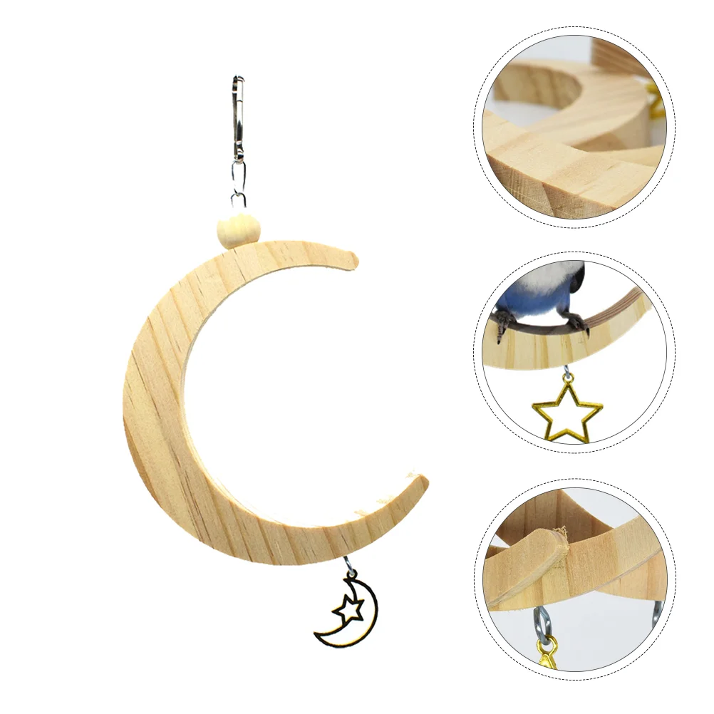 

Bird Parrot Hanging Cage Swingperchsupplies Wooden Standbells Swinging Ring Moon Shaped Pendantparrots