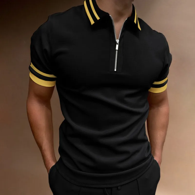 

2023 Polo Shirt for Men High Quality Striped Short Sleeve Polos Shirts Patchwork Turn-down Collar Zipper T-Shirt Male Summer