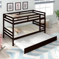 Bunk Bed with Trundle, Full Over Full Bunk Beds with Ladder, Solid Wood Twin Trundle Bed with Rails, Convertible Bunk Bed