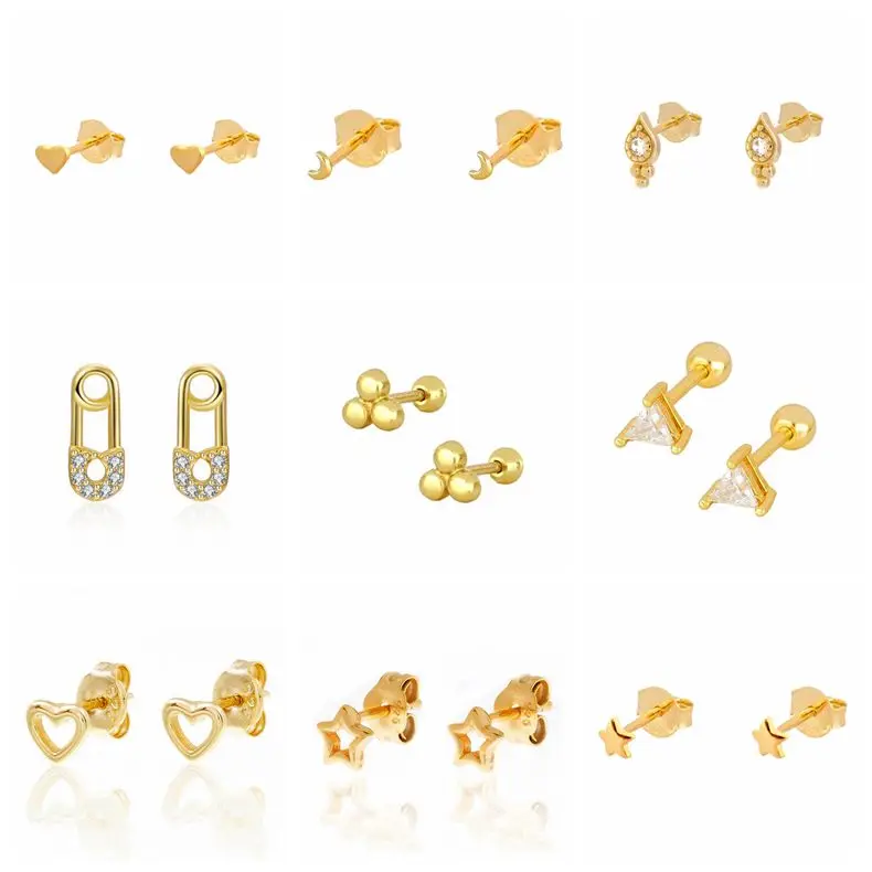 

925 Silver Needle Minimalism Variety tiny Stud Earring for Women Moon Star Geometric Triangle Piercings Earring 2022 INS Jewelry