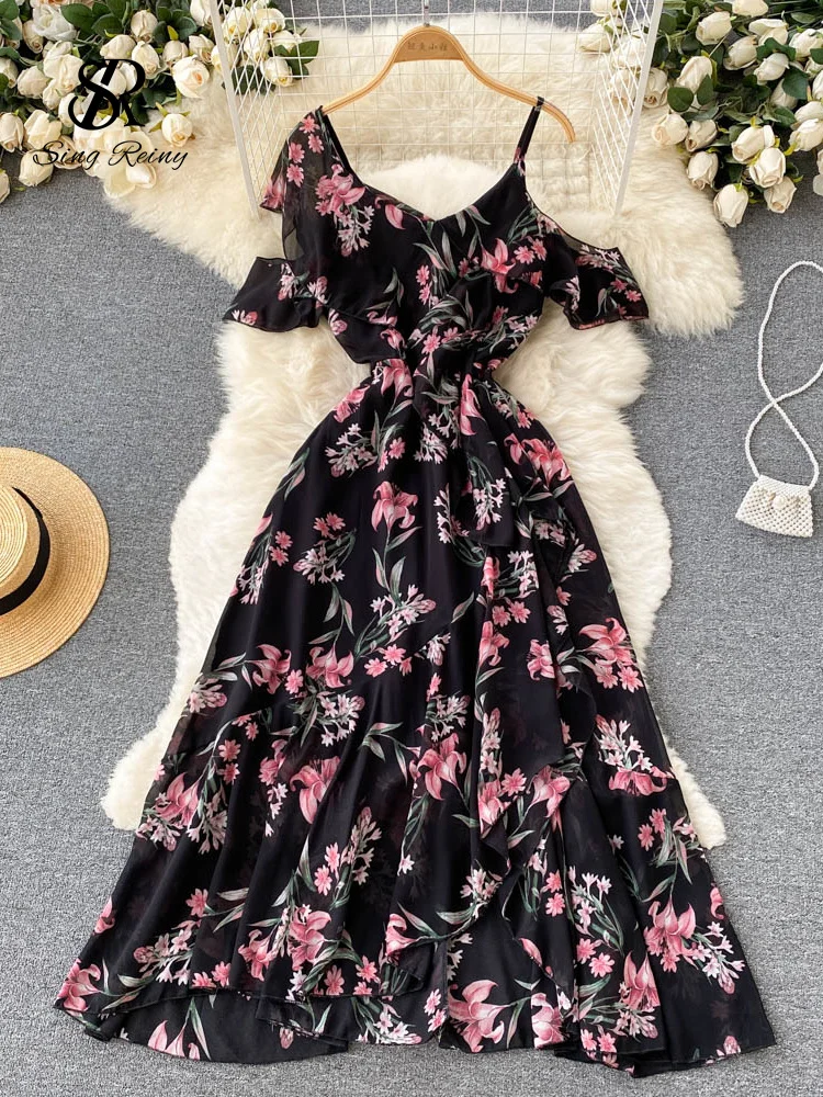 Женское шифоновое длинное платье с принтом SINGREINY летнее пляжное v-образным