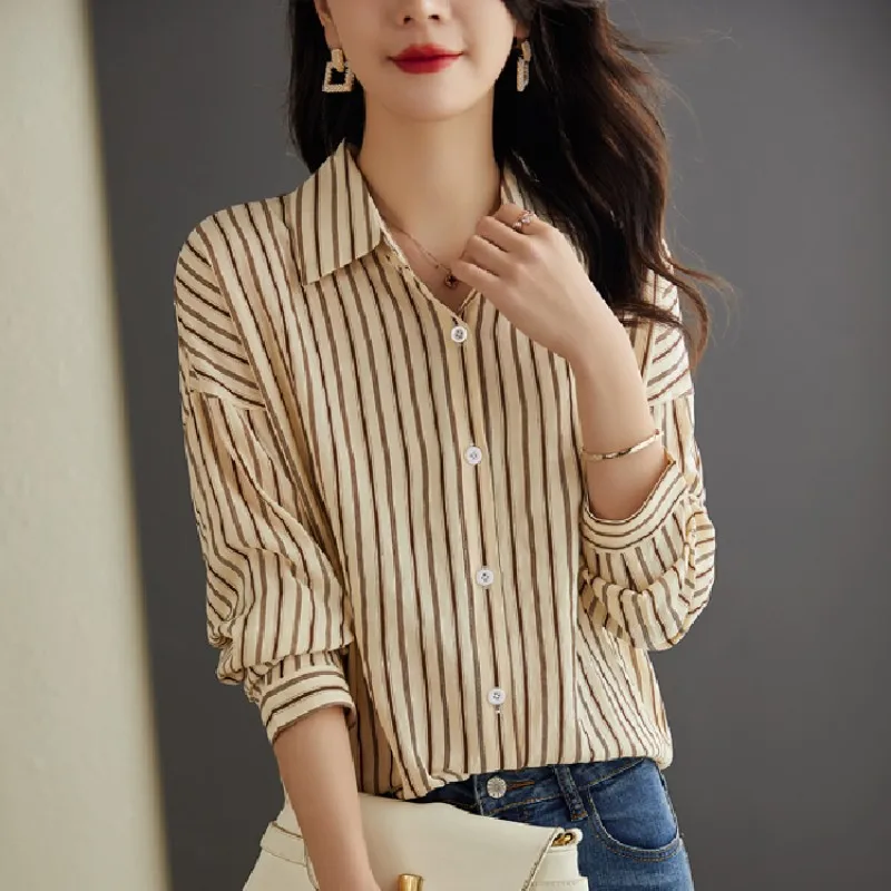 

Buttons Up Shirt Colorblock OL Women Shirts Polo Collar Striped Half Women Tops Casual Sunscreen 2023 Summer Chiffon Ladies Top