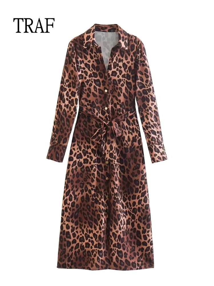 

TRAF Dresses For Women 2022 Vintage Animal Print Midi Dress Woman Clothing Fashion Belt Casual Dress Ladies Elegant Dresses Robe