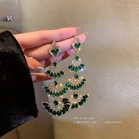 elegant green crystal long drop earrings 2022 new vintage sector geometric dangle earrings luxury wedding jewelry accessories