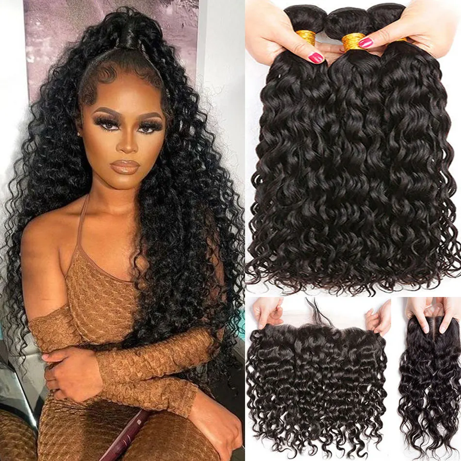 

12A Water Wave 3/4 Bundle Deals HD Closure Brazilian Remy Human Hair Extensions Wet And Wavy Hair Bundles With Lace Frontal 13X4