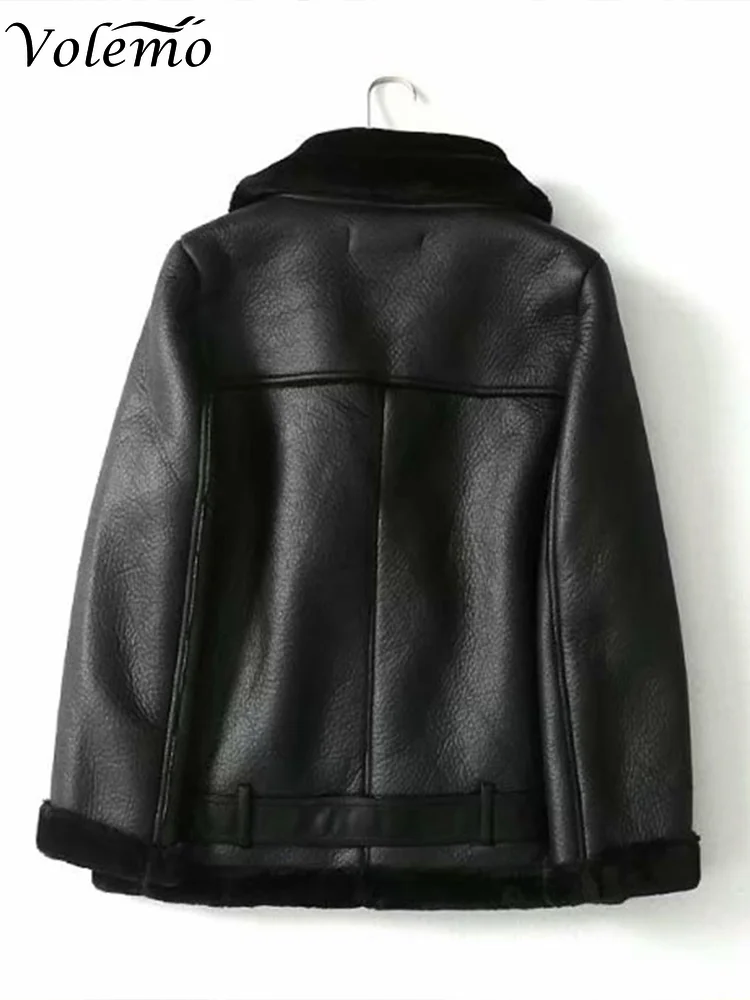 2022 Fur Locomotive Retro with Belt Riding Winter Women's Jacket Long-sleeved Lapel Padded Warm Black Zip Chic Female Coat Tops