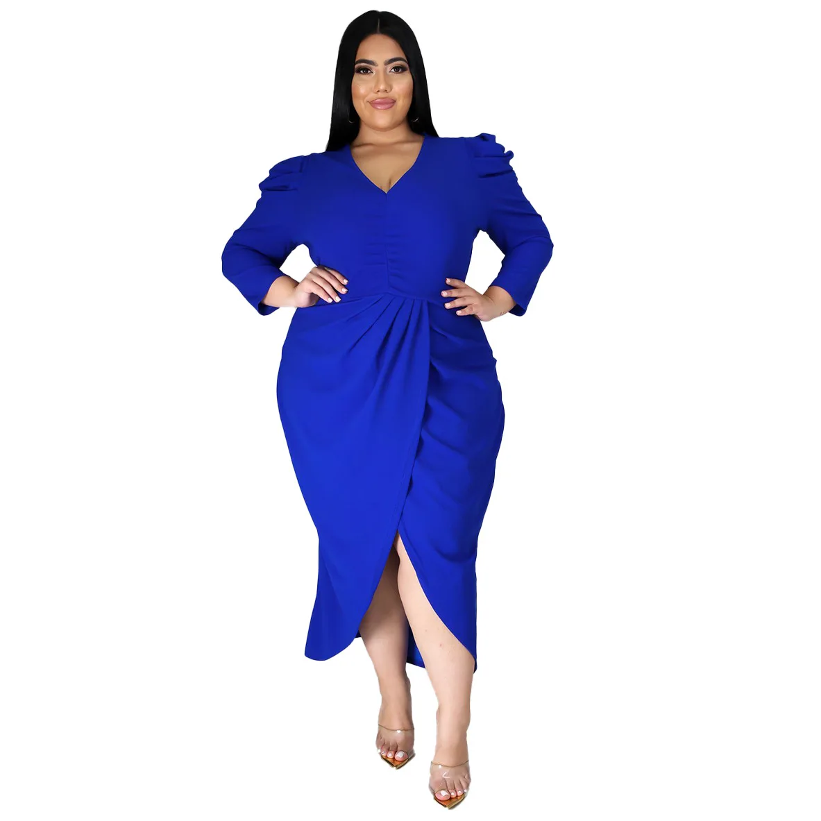 Factory Price European and American Oversize Dress V-neck Irregular Dress Long Sleeve Solid Split plus size  Dress
