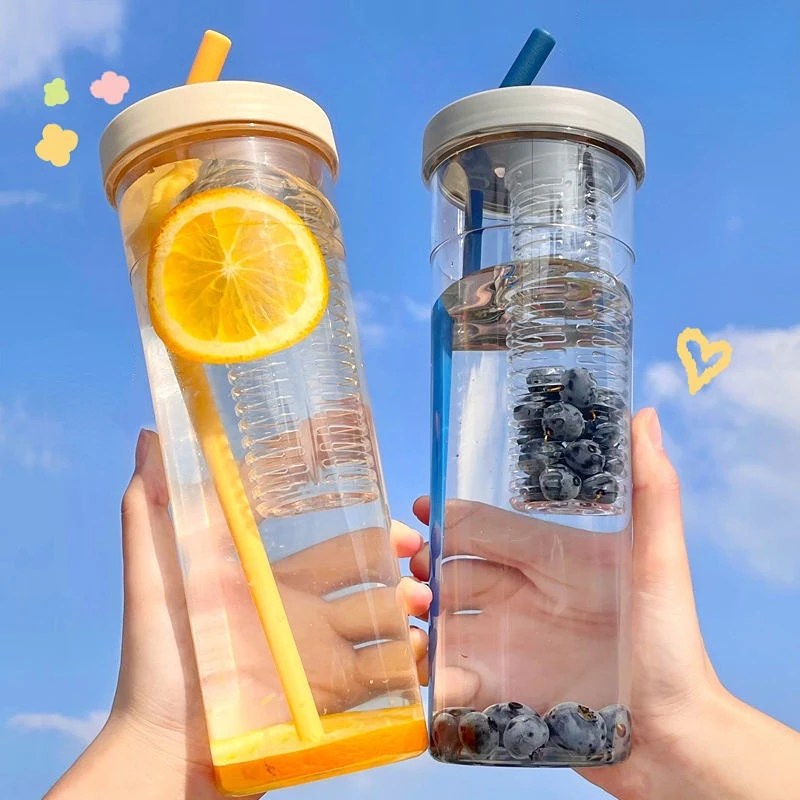 

700ML Folding Straw Cup Transparent Large Capacity Water Bottles Portable Juice Cups Lemon Filter Cute Drinking Bottle for Girl