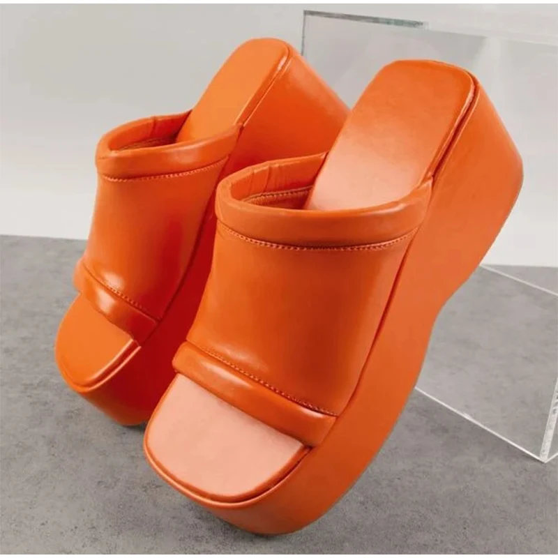 2022 Women's Slippers Square Toe Leather Platform Ladies Shoes Summer Fashion Thick Bottom Female Slipper Woman Flip-flops