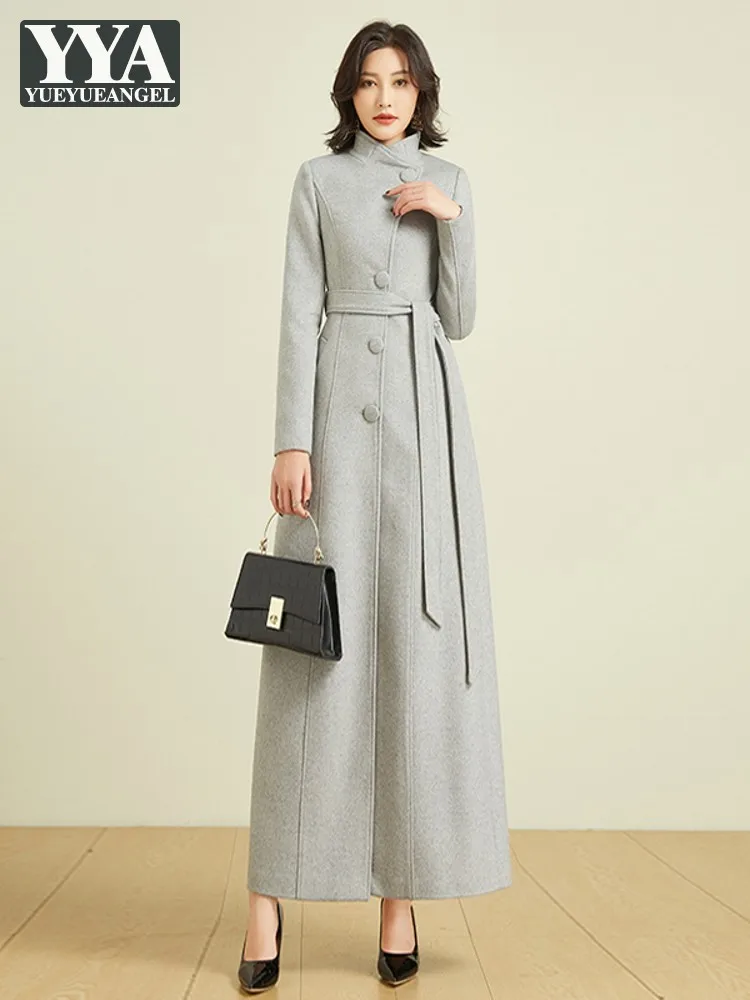 

Женское длинное шерстяное пальто, Элегантное однобортное пальто с поясом и воротником-стойкой, офисный Тренч для работы
