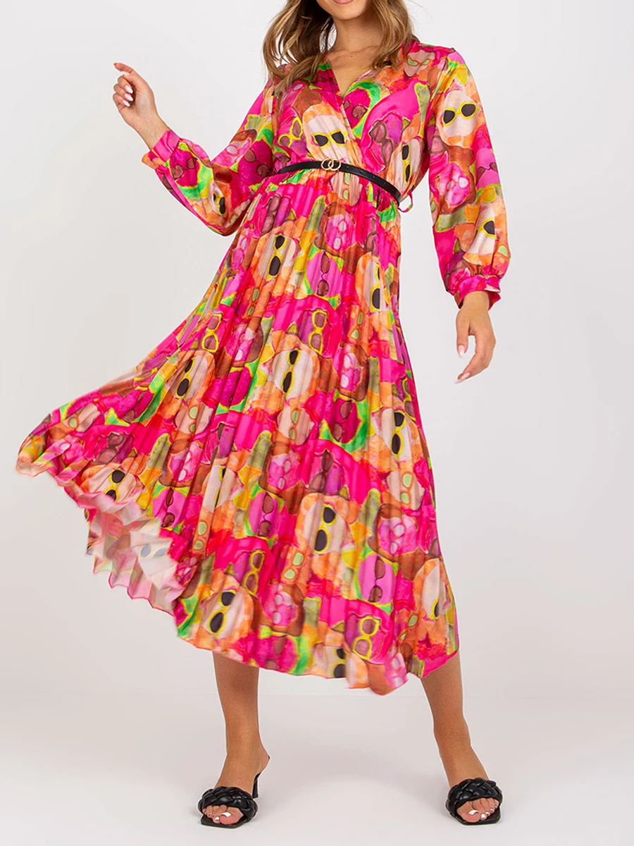 

Women Long Sleeve Pleated Dress Casual Fashion Print A-Line Party Dress with Belt for Beach Cocktail Club Streetwear