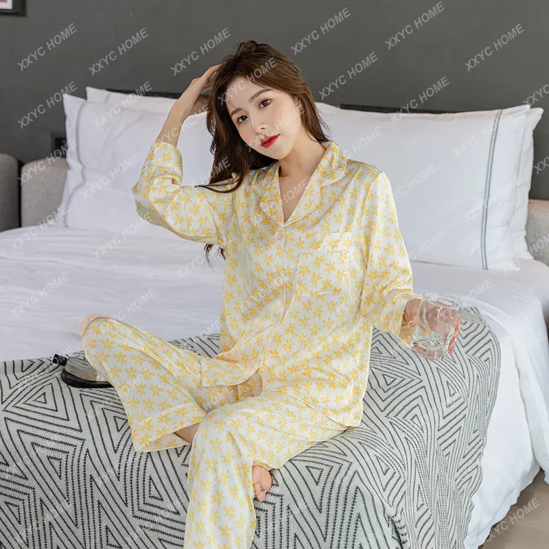 

Новая женская пижама из ледяного шелка с длинным рукавом, костюм с принтом, тонкий женский домашний костюм