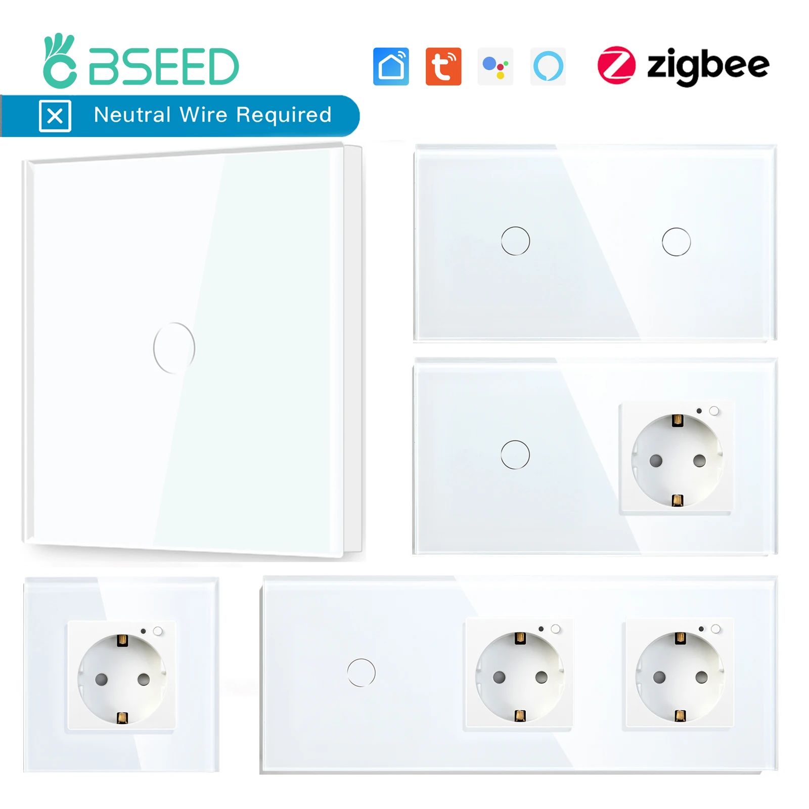 

BSEED Zigbee Wall Touch Switches 1/2/3Gang Light Switch Smart Wall Socket Power Outlets Tuya Google Home Alexa Voice Control