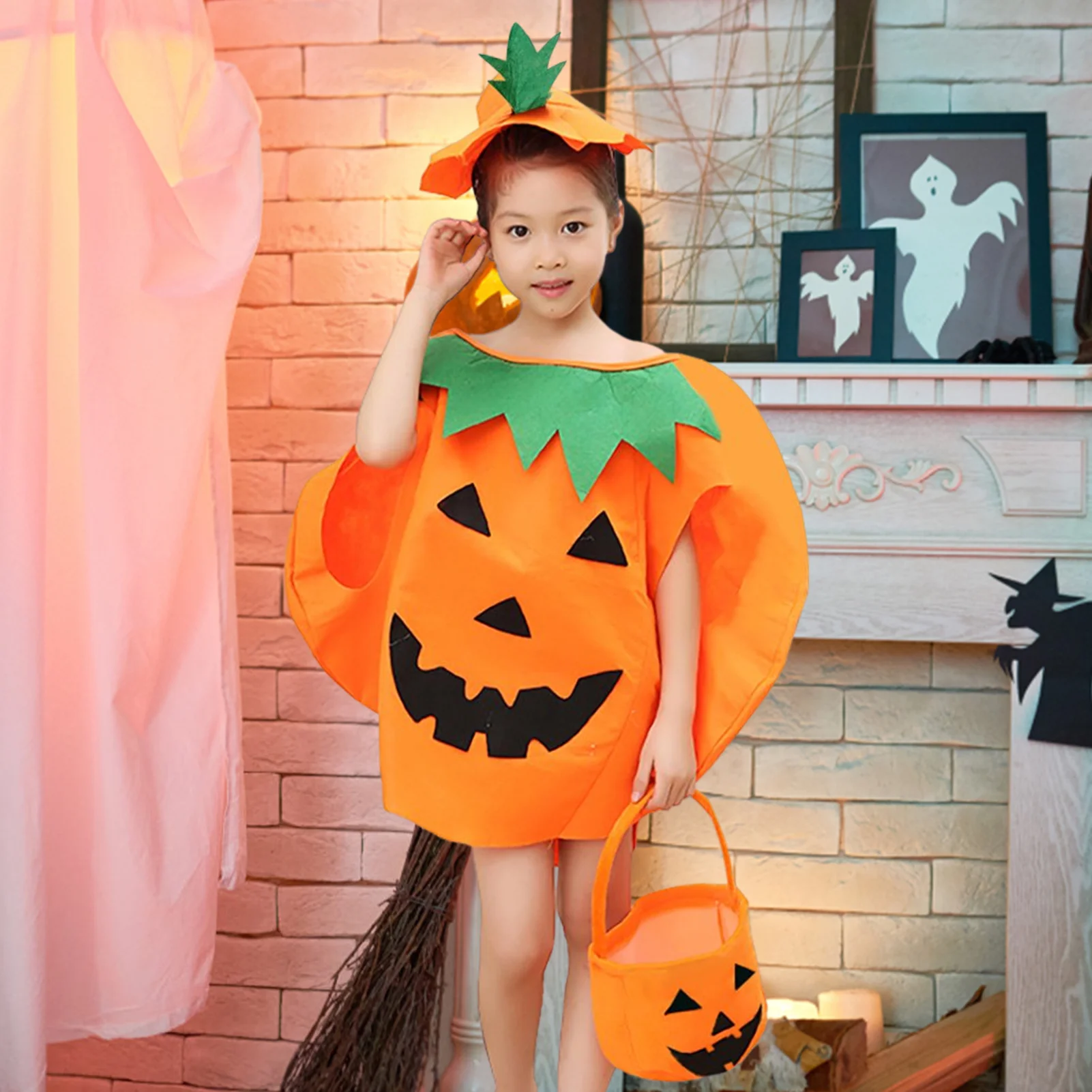 

Halloween Cosplay Pumpkin Costume Toddler Kids Pumpkin Print Sleeveless Romper Jumpsuits Halloween Dress Up Role Play Props