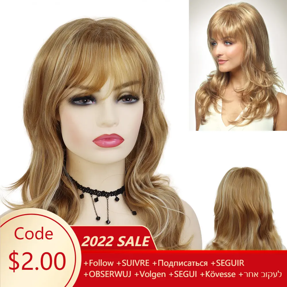 

GNIMEGIL Long Curly Synthetic Wigs for Women Honey Blonde Highlights Natural Wave Wig with Bangs Female Cosplay Party Daily Wigs
