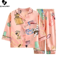 new kids boys girls silky pajamas cartoon long sleeve lapel shirt tops with pants spring summer homewear loose sleeping clothes