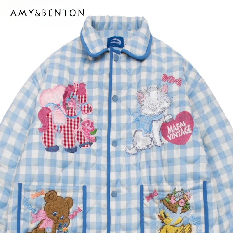 Новинка 2024 осенне-зимнее свободное хлопковое пальто в клетку с вышивкой ленивый