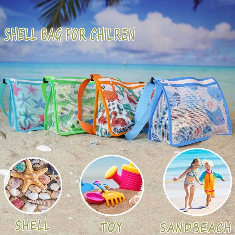 

2022 New Netted Bag Beach Shell Bag Sand Play Summer Pool Zipper Bag w/ Adjustable Strap Beach Toy Kids Travel Bag Packing Accs