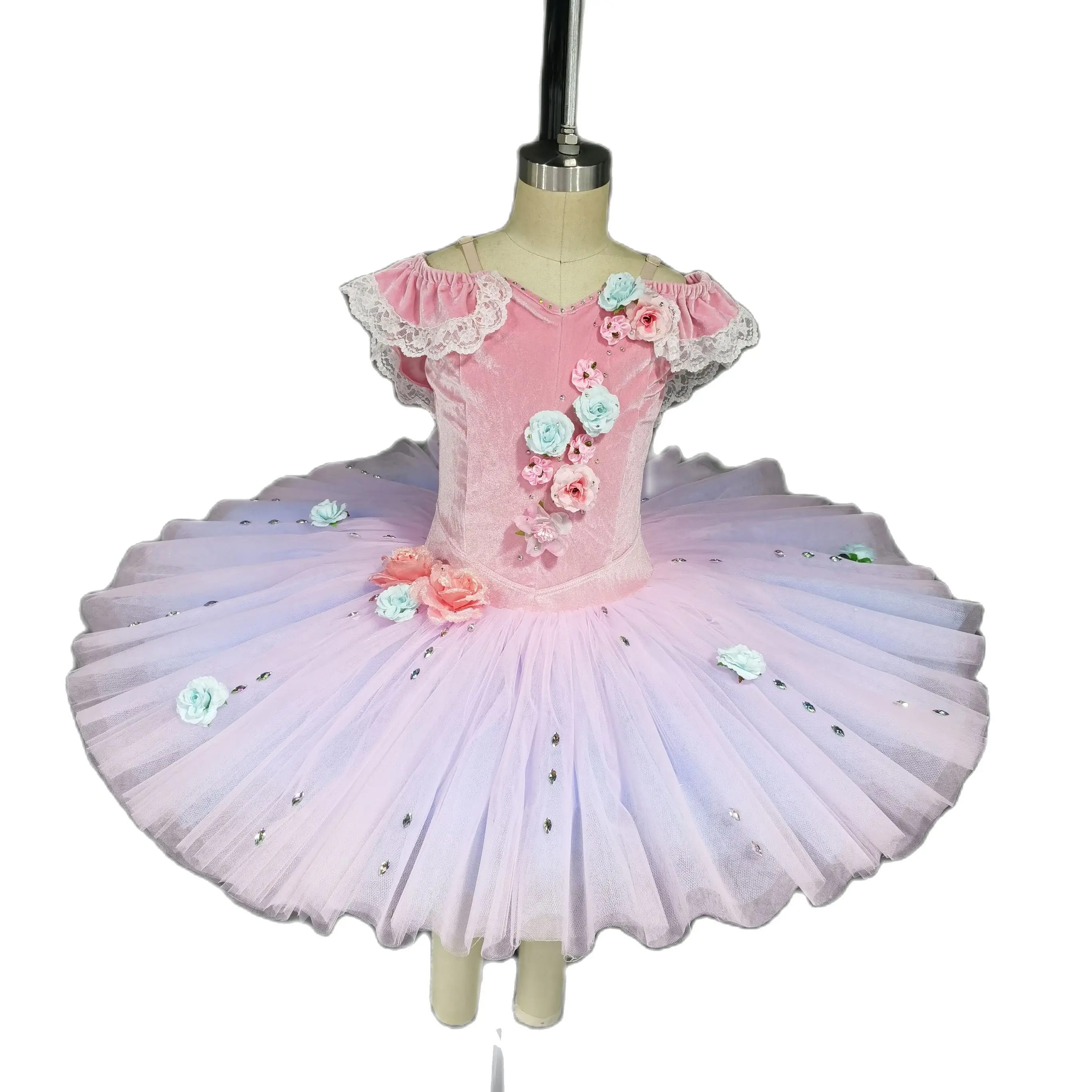 

BLL461-2 Off the Shoulder Pre-Professional Ballet Dance Costume Pink Velvet Bodice Pancake Tutus Girls Ballerina Dancing Dress
