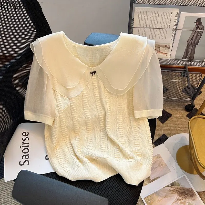

2023 Summer Short Sleeve Sweater Women Pullover Ice Silk Thin Knit T-shirt Korean Fashion Peter Pan Collar Knitwear Tops Jumper