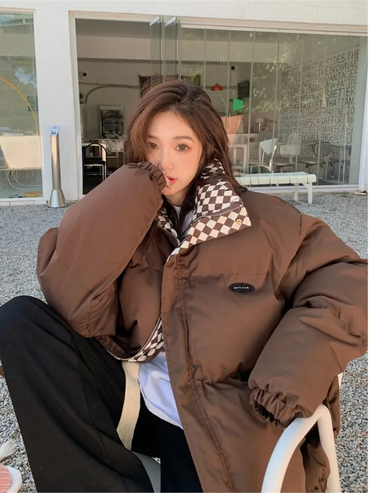 2022 Winter New Plaid Padded Jacket Women's Loose Thick Warm Casual Coat Female Korean Bread Clothes Outwear