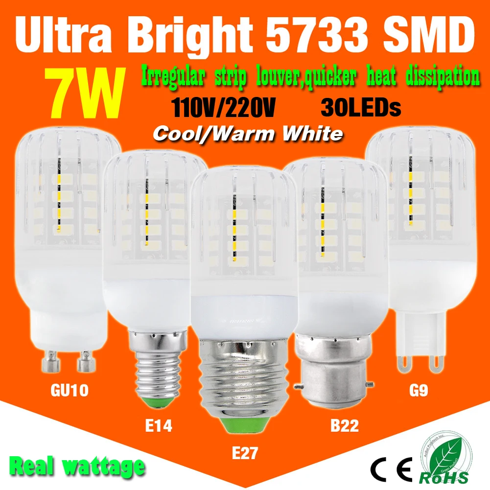 

7W Lamp Cool/Warm Milky White Light E27/E14/G9/B22 Bright 5733 LED Corn Bulb LED Corn Bulb Lamp New Milky white Efficient 5733